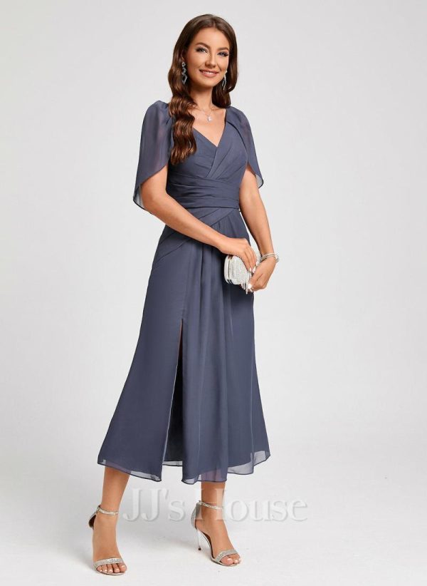 Semi-formal & Cocktail | A-line V-Neck Tea-Length Chiffon Cocktail Dress With Ruffle Stormy – Womens