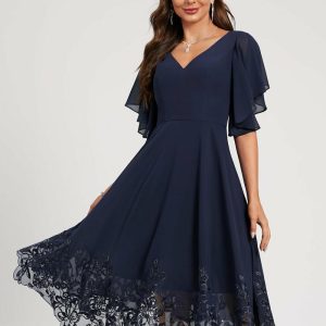 Semi-formal & Cocktail | A-line V-Neck Tea-Length Lace Chiffon Cocktail Dress With Sequins As Picture – Womens