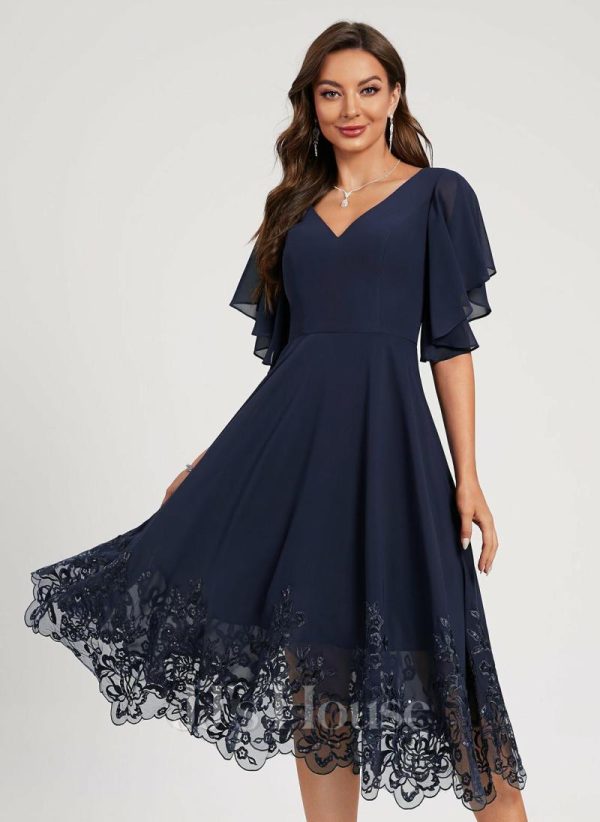 Semi-formal & Cocktail | A-line V-Neck Tea-Length Lace Chiffon Cocktail Dress With Sequins As Picture – Womens