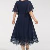 Semi-formal & Cocktail | A-line V-Neck Tea-Length Lace Chiffon Cocktail Dress With Sequins As Picture – Womens