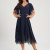 Semi-formal & Cocktail | A-line V-Neck Tea-Length Lace Chiffon Cocktail Dress With Sequins As Picture – Womens