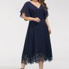 Semi-formal & Cocktail | A-line V-Neck Tea-Length Lace Chiffon Cocktail Dress With Sequins As Picture – Womens