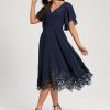 Semi-formal & Cocktail | A-line V-Neck Tea-Length Lace Chiffon Cocktail Dress With Sequins As Picture – Womens