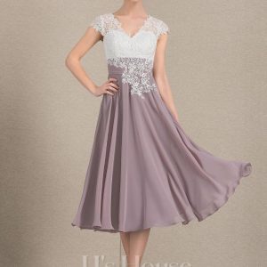 Semi-formal & Cocktail | A-line V-Neck Tea-Length Lace Chiffon Cocktail Dress With Sequins Dusk – Womens