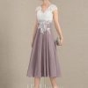 Semi-formal & Cocktail | A-line V-Neck Tea-Length Lace Chiffon Cocktail Dress With Sequins Dusk – Womens