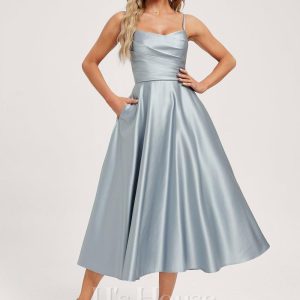 Semi-formal & Cocktail | A-line V-Neck Tea-Length Satin Cocktail Dress Ice Blue – Womens