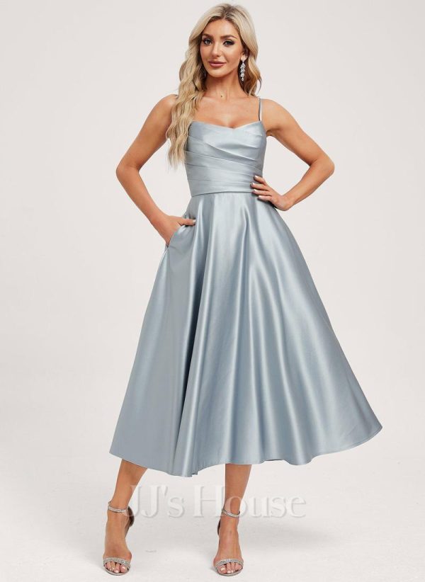 Semi-formal & Cocktail | A-line V-Neck Tea-Length Satin Cocktail Dress Ice Blue – Womens