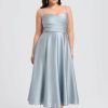 Semi-formal & Cocktail | A-line V-Neck Tea-Length Satin Cocktail Dress Ice Blue – Womens