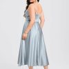 Semi-formal & Cocktail | A-line V-Neck Tea-Length Satin Cocktail Dress Ice Blue – Womens