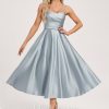 Semi-formal & Cocktail | A-line V-Neck Tea-Length Satin Cocktail Dress Ice Blue – Womens