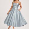 Semi-formal & Cocktail | A-line V-Neck Tea-Length Satin Cocktail Dress Ice Blue – Womens