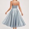 Semi-formal & Cocktail | A-line V-Neck Tea-Length Satin Cocktail Dress Ice Blue – Womens