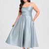 Semi-formal & Cocktail | A-line V-Neck Tea-Length Satin Cocktail Dress Ice Blue – Womens