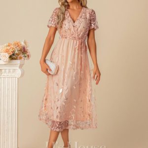 Semi-formal & Cocktail | A-line V-Neck Tea-Length Sequin Tulle Cocktail Dress With Sequins Orange – Womens