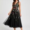 Semi-formal & Cocktail | A-line V-Neck Tea-Length Tulle Lace Cocktail Dress With Appliques Lace Black Floral Print – Womens