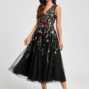 Semi-formal & Cocktail | A-line V-Neck Tea-Length Tulle Lace Cocktail Dress With Appliques Lace Black Floral Print – Womens