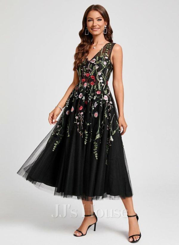 Semi-formal & Cocktail | A-line V-Neck Tea-Length Tulle Lace Cocktail Dress With Appliques Lace Black Floral Print – Womens