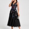 Semi-formal & Cocktail | A-line V-Neck Tea-Length Tulle Lace Cocktail Dress With Appliques Lace Black Floral Print – Womens