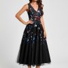 Semi-formal & Cocktail | A-line V-Neck Tea-Length Tulle Lace Cocktail Dress With Appliques Lace Black Floral Print – Womens