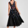 Semi-formal & Cocktail | A-line V-Neck Tea-Length Tulle Lace Cocktail Dress With Appliques Lace Black Floral Print – Womens