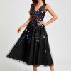 Semi-formal & Cocktail | A-line V-Neck Tea-Length Tulle Lace Cocktail Dress With Appliques Lace Black Floral Print – Womens