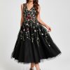 Semi-formal & Cocktail | A-line V-Neck Tea-Length Tulle Lace Cocktail Dress With Appliques Lace Black Floral Print – Womens