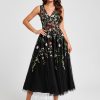 Semi-formal & Cocktail | A-line V-Neck Tea-Length Tulle Lace Cocktail Dress With Appliques Lace Black Floral Print – Womens