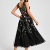 Semi-formal & Cocktail | A-line V-Neck Tea-Length Tulle Lace Cocktail Dress With Appliques Lace Black Floral Print – Womens