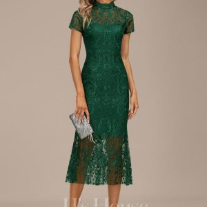 Semi-formal & Cocktail | Sheath/Column High Neck Illusion Tea-Length Lace Cocktail Dress Dark Green – Womens