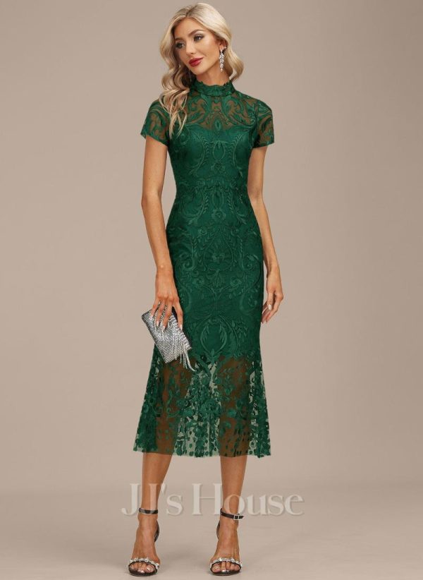 Semi-formal & Cocktail | Sheath/Column High Neck Illusion Tea-Length Lace Cocktail Dress Dark Green – Womens