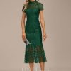 Semi-formal & Cocktail | Sheath/Column High Neck Illusion Tea-Length Lace Cocktail Dress Dark Green – Womens