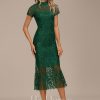 Semi-formal & Cocktail | Sheath/Column High Neck Illusion Tea-Length Lace Cocktail Dress Dark Green – Womens