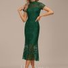 Semi-formal & Cocktail | Sheath/Column High Neck Illusion Tea-Length Lace Cocktail Dress Dark Green – Womens