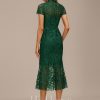 Semi-formal & Cocktail | Sheath/Column High Neck Illusion Tea-Length Lace Cocktail Dress Dark Green – Womens