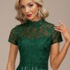 Semi-formal & Cocktail | Sheath/Column High Neck Illusion Tea-Length Lace Cocktail Dress Dark Green – Womens