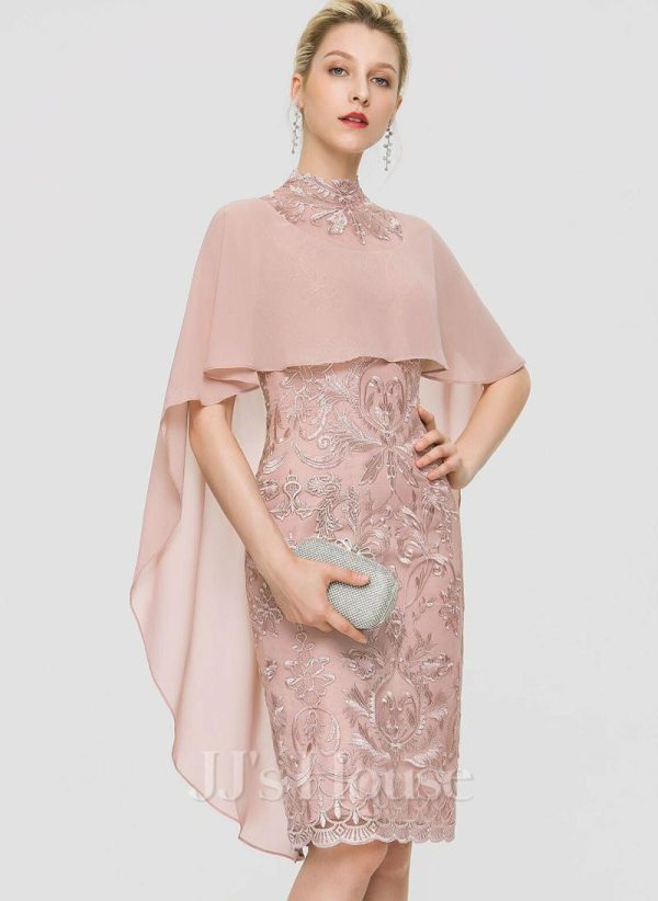 Semi-formal & Cocktail | Sheath/Column High Neck Knee-Length Lace Chiffon Cocktail Dress Dusty Rose – Womens