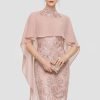 Semi-formal & Cocktail | Sheath/Column High Neck Knee-Length Lace Chiffon Cocktail Dress Dusty Rose – Womens