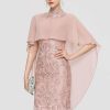 Semi-formal & Cocktail | Sheath/Column High Neck Knee-Length Lace Chiffon Cocktail Dress Dusty Rose – Womens