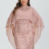 Semi-formal & Cocktail | Sheath/Column High Neck Knee-Length Lace Chiffon Cocktail Dress Dusty Rose – Womens