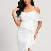 Semi-formal & Cocktail | Sheath/Column Off the Shoulder Asymmetrical Chiffon Cocktail Dress With Cascading Ruffles Ivory – Womens