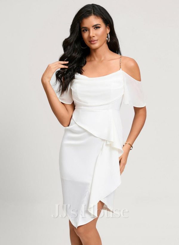 Semi-formal & Cocktail | Sheath/Column Off the Shoulder Asymmetrical Chiffon Cocktail Dress With Cascading Ruffles Ivory – Womens