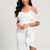 Semi-formal & Cocktail | Sheath/Column Off the Shoulder Asymmetrical Chiffon Cocktail Dress With Cascading Ruffles Ivory – Womens