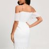 Semi-formal & Cocktail | Sheath/Column Off the Shoulder Asymmetrical Chiffon Cocktail Dress With Cascading Ruffles Ivory – Womens