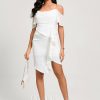 Semi-formal & Cocktail | Sheath/Column Off the Shoulder Asymmetrical Chiffon Cocktail Dress With Cascading Ruffles Ivory – Womens