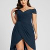 Semi-formal & Cocktail | Sheath/Column Off the Shoulder Asymmetrical Chiffon Cocktail Dress With Ruffle Dark Navy – Womens