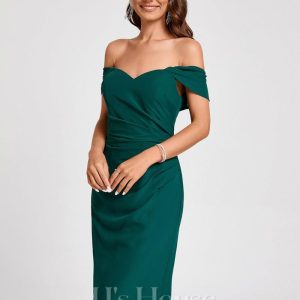 Semi-formal & Cocktail | Sheath/Column Off the Shoulder Knee-Length Chiffon Cocktail Dress With Ruffle Peacock – Womens