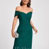 Semi-formal & Cocktail | Sheath/Column Off the Shoulder Knee-Length Chiffon Cocktail Dress With Ruffle Peacock – Womens