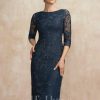 Semi-formal & Cocktail | Sheath/Column Scoop Knee-Length Lace Cocktail Dress Dark Navy – Womens