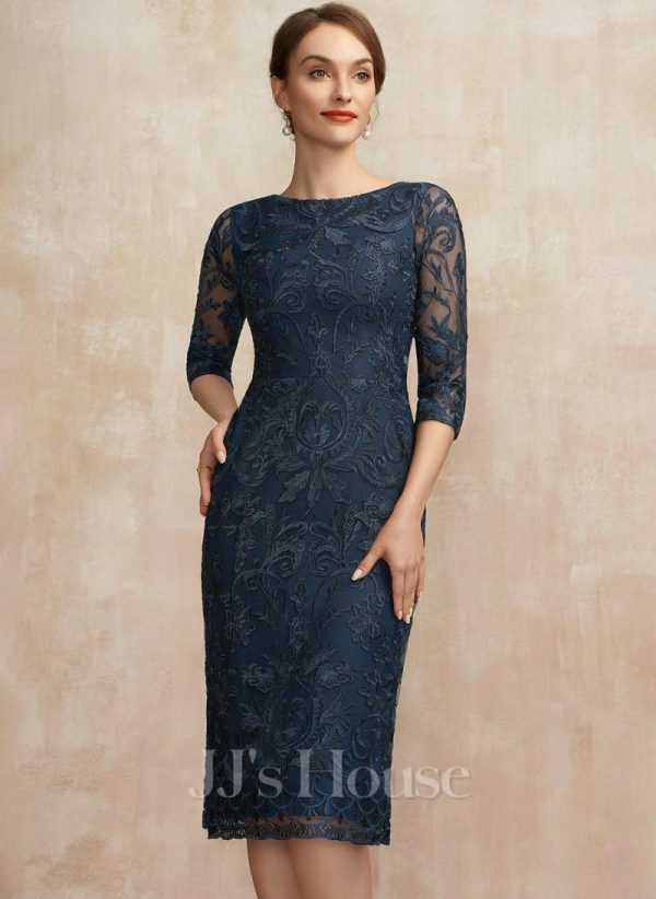 Semi-formal & Cocktail | Sheath/Column Scoop Knee-Length Lace Cocktail Dress Dark Navy – Womens