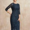 Semi-formal & Cocktail | Sheath/Column Scoop Knee-Length Lace Cocktail Dress Dark Navy – Womens